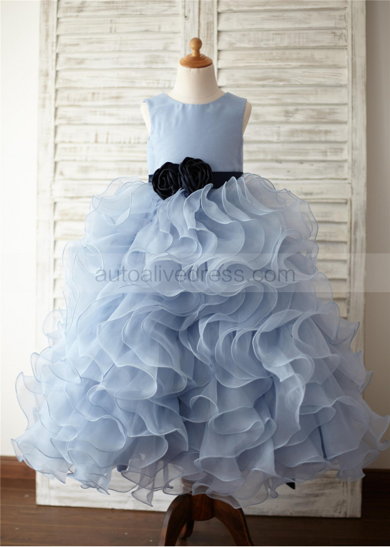 Blue Satin Organza Ruffled Flower Girl Dress With Flower Sash